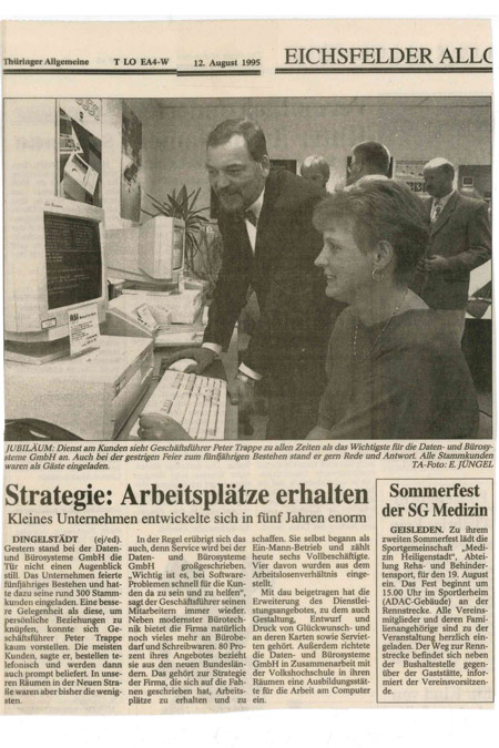 Archivbild von TTG: 1995 feierte die TTG Daten- und Bürosysteme GmbH aus Thüringen ihr 5-jähriges Jubiläum.