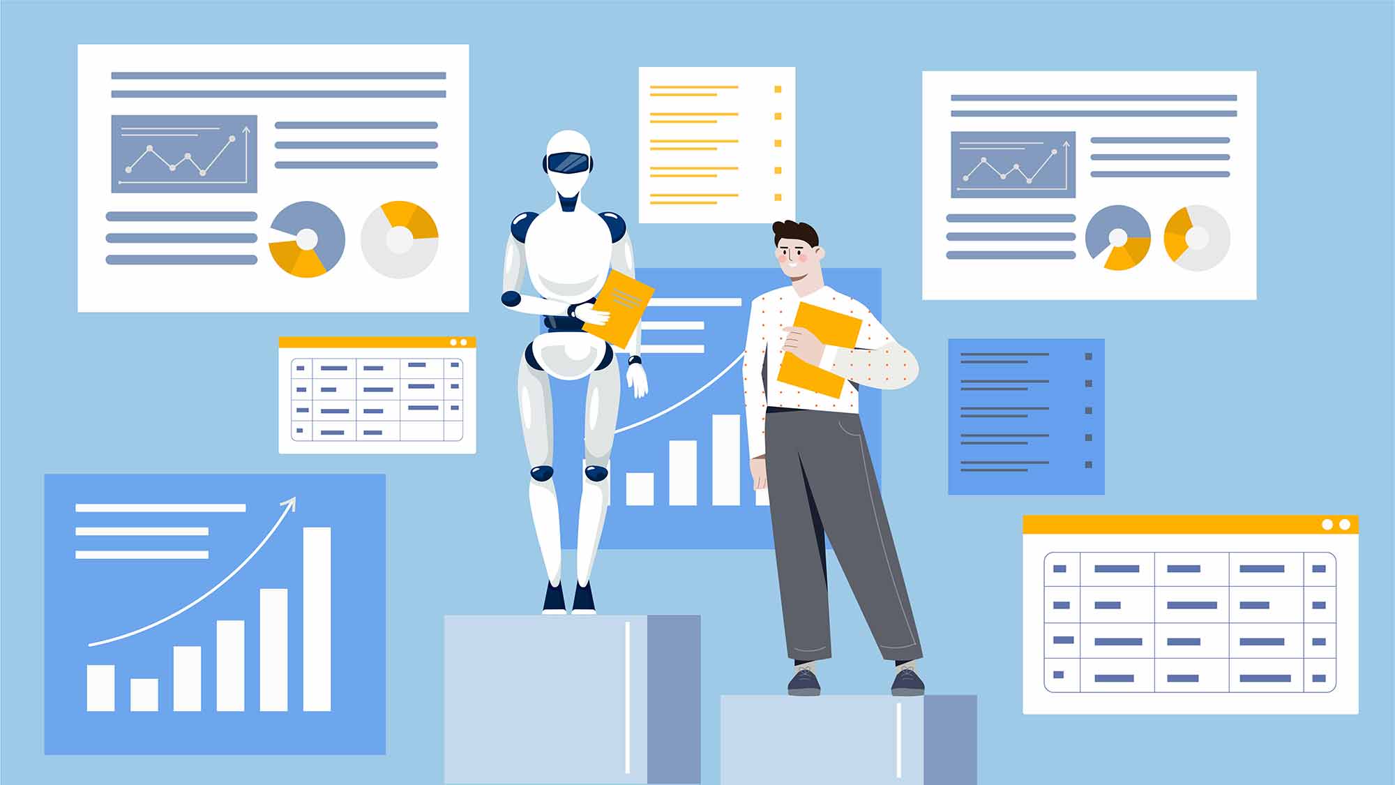 Mensch und Roboter analysieren Daten für das IT-Management der Zukunft.