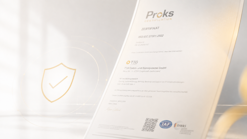 ISO/IEC 27001:2022 Zertifikat der TTG Daten- und Bürosysteme GmbH, ausgestellt von Proks Certification, gültig bis Dezember 2028