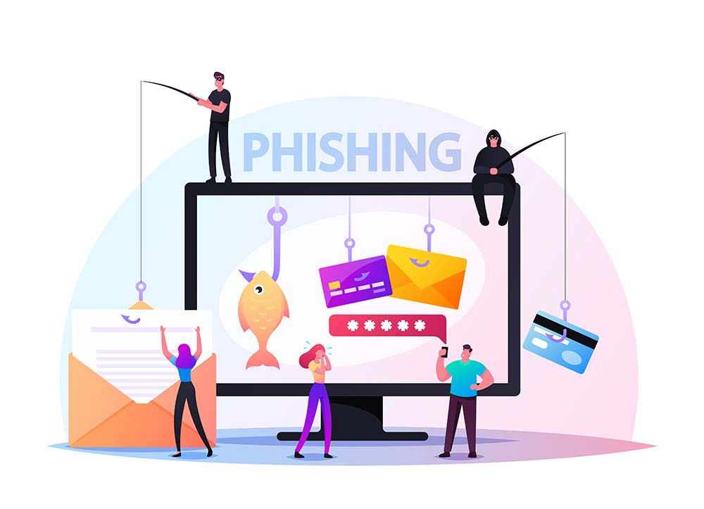 Grafische Darstellung eines Phishing-Angriffs mit gefälschten Nachrichten und Zugangsdaten